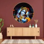 CH-RKR6 The Flute of Eternity: Lord Krishna's Melodies Wall Painting with Sparkle Glossy Round Golden Frame Painting for Office, Living Room, Bedroom, Home Decoration SWASTIK CREATIONS The Trend Point