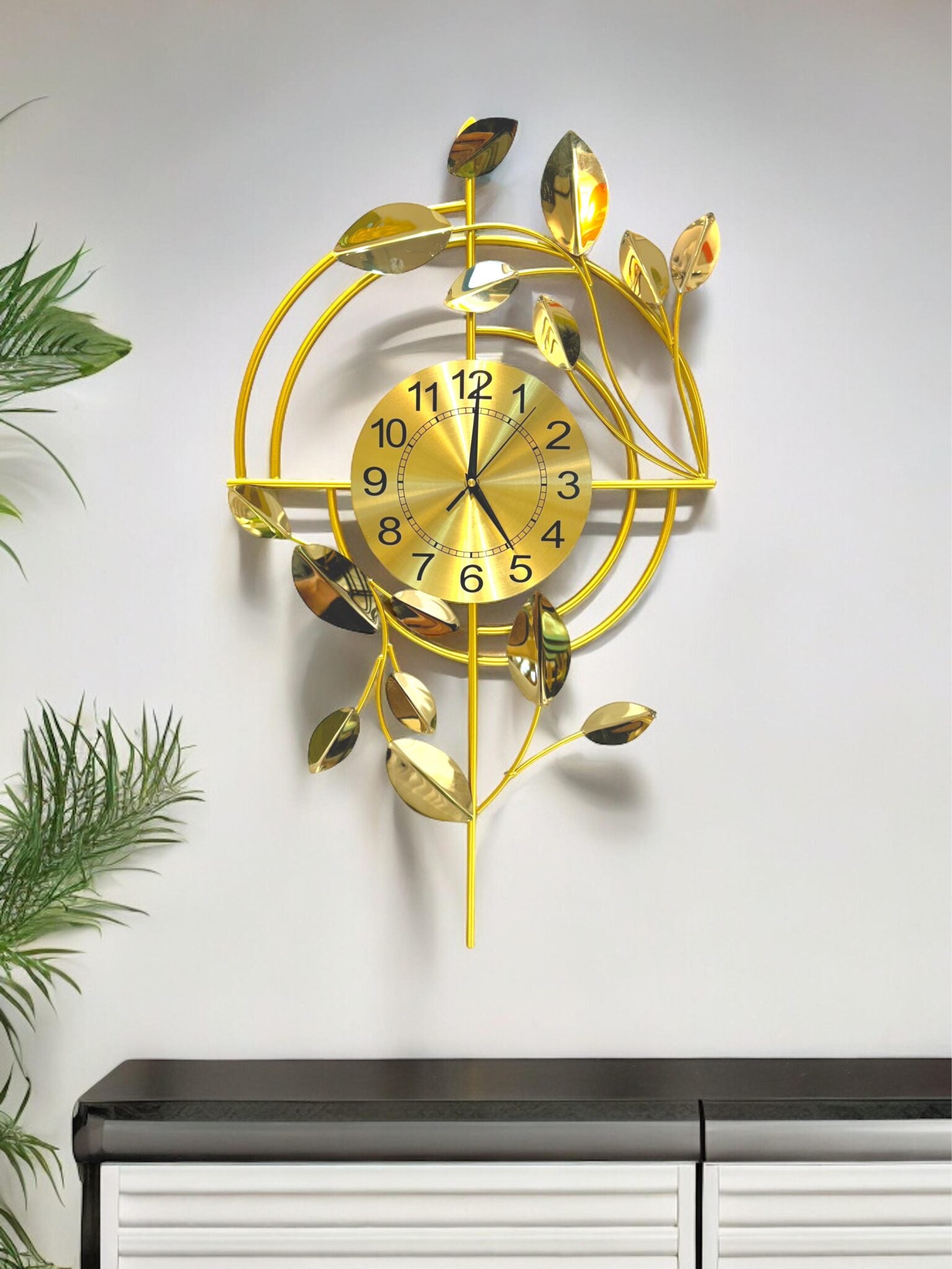 Modern Golden Leaf Metal Wall Clock Art