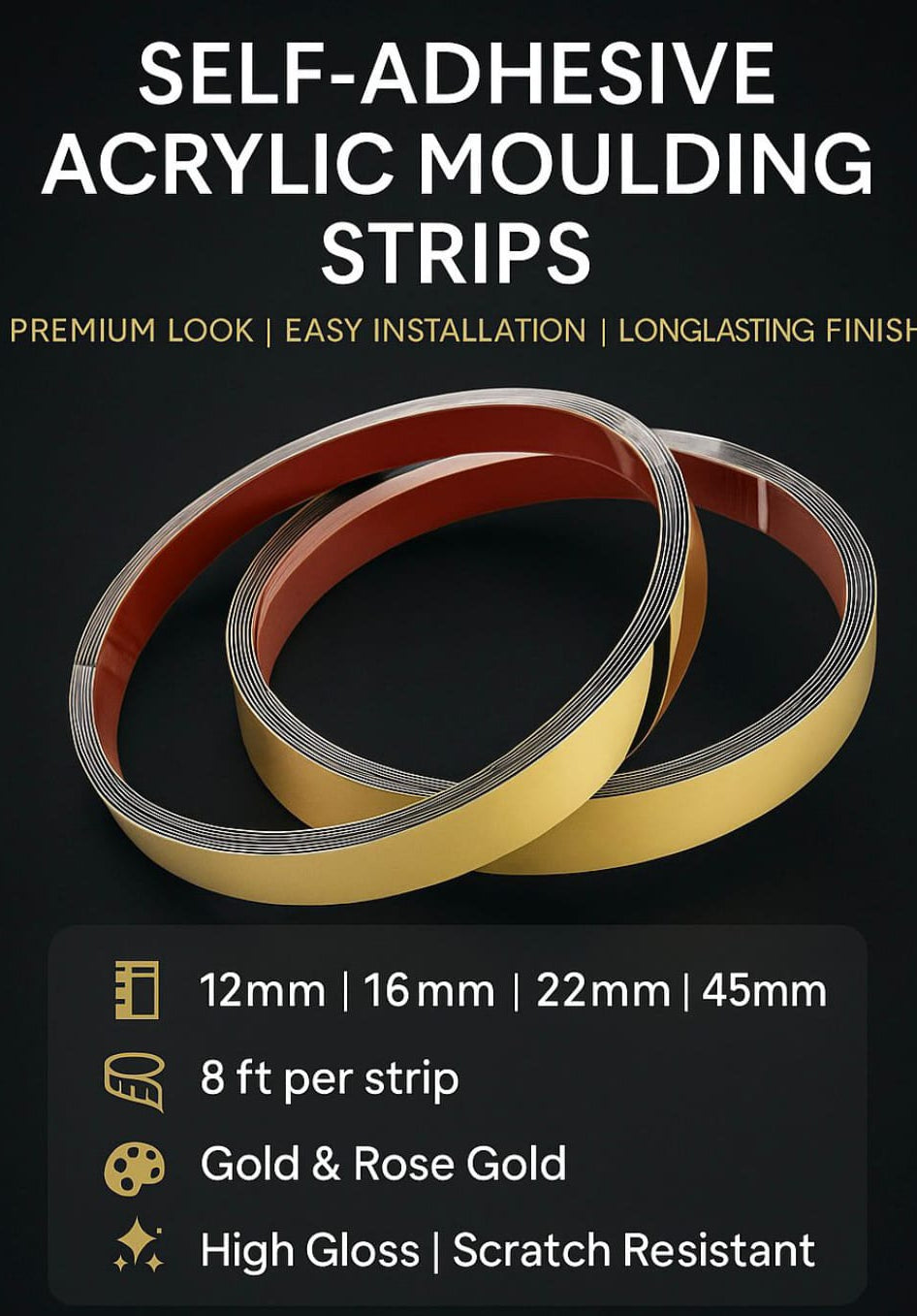 #Profile Tape - Self Adhesive Mirror Profile Acrylic Tape - 2 colors option (Length 8ft) SWASTIK CREATIONS The Trend Point