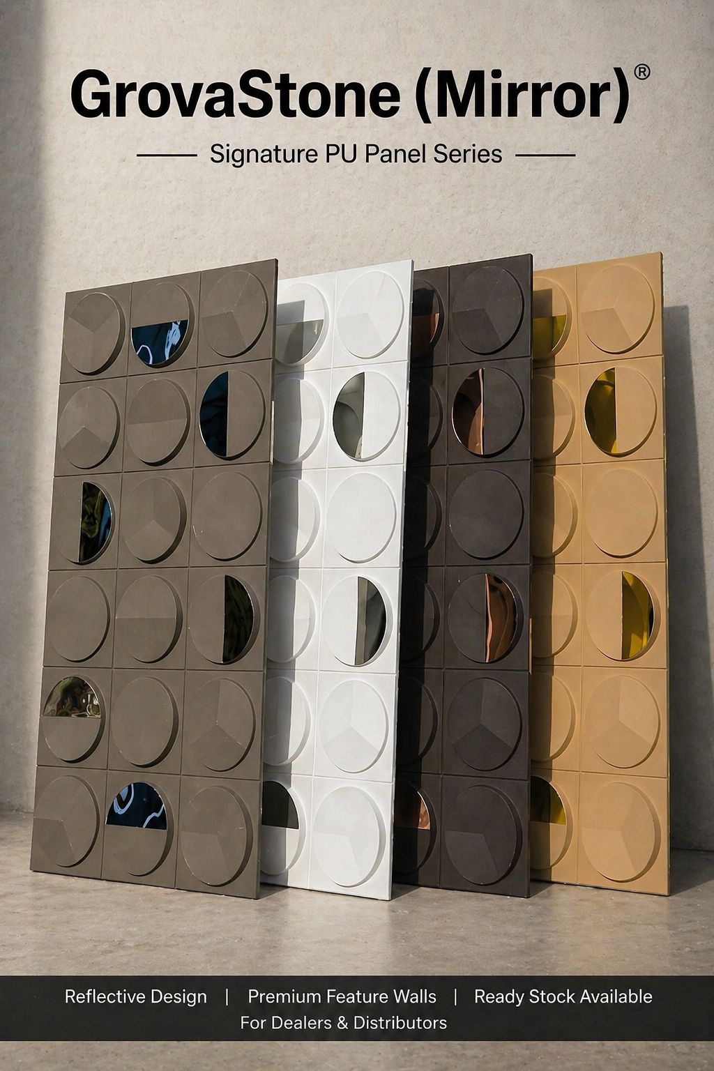 #GrovaStone 112 Mirror – 25mm PU Stone Finish Panels - Size 2x4ft - 5 color options