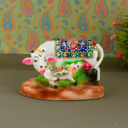 White Marble Kamdhenu Cow and Calf Statue (8.5 cm x 12 cm) (MRC-1) - SWASTIK CREATIONS The Trend Point