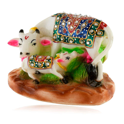 White Marble Kamdhenu Cow and Calf Statue (8.5 cm x 12 cm) (MRC-1) - SWASTIK CREATIONS The Trend Point
