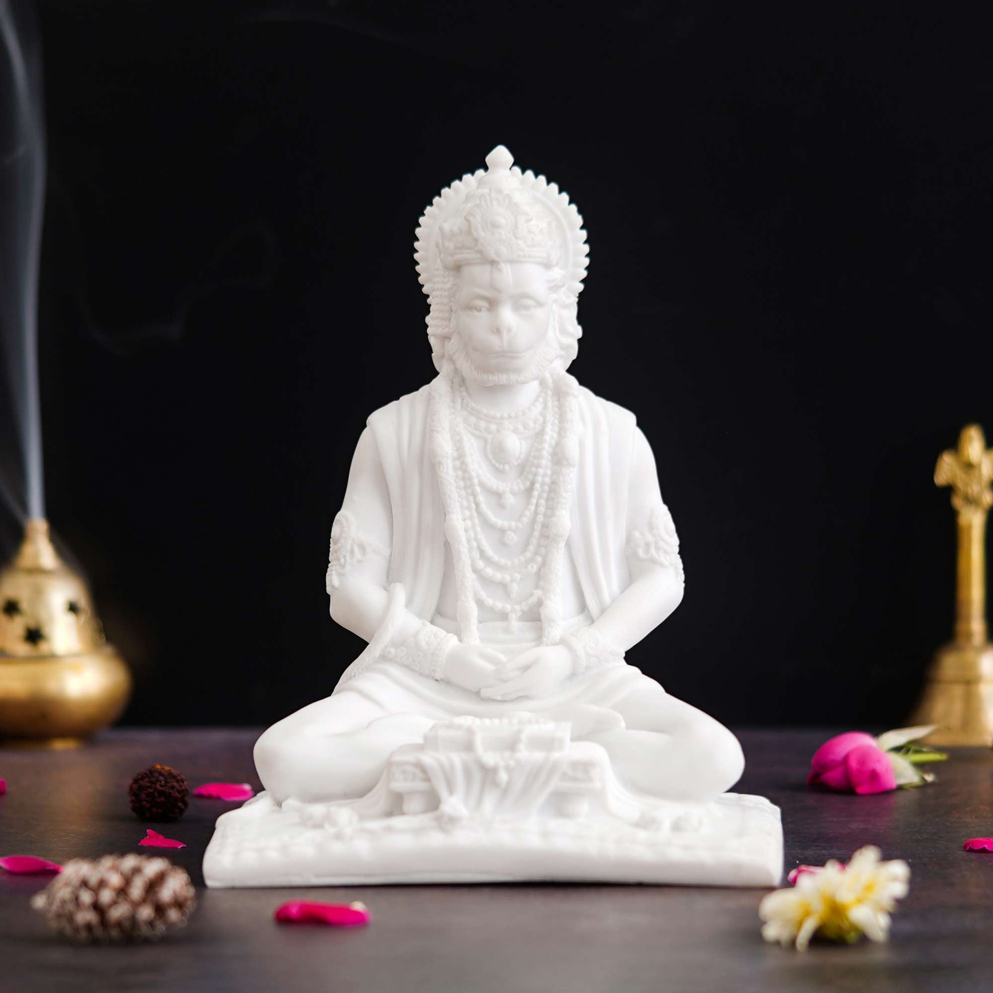 White Marble Lord Hanuman Sitting Statue with gada & Reading Book Decorative Showpiece (NMB-HN4) - SWASTIK CREATIONS The Trend Point