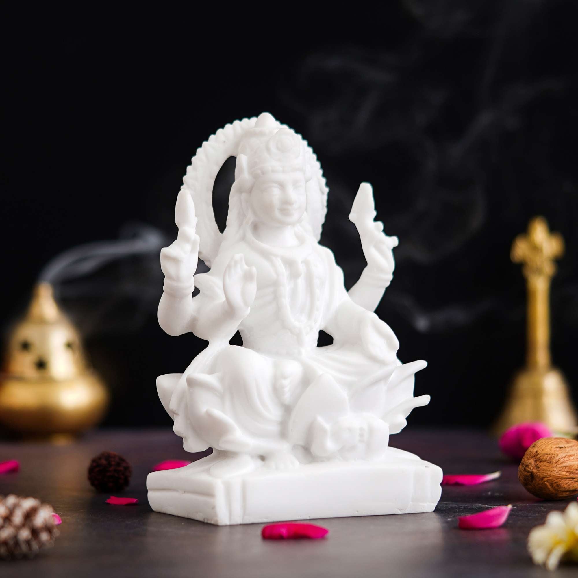 White Saraswati Idol – Maa Saraswati Statue, Genuine Saraswati Murti Small on Lotus with Veena – Handcrafted (NMB-SRWT1) - SWASTIK CREATIONS The Trend Point