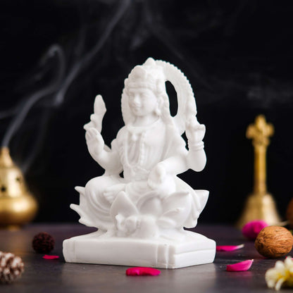 White Saraswati Idol – Maa Saraswati Statue, Genuine Saraswati Murti Small on Lotus with Veena – Handcrafted (NMB-SRWT1) - SWASTIK CREATIONS The Trend Point