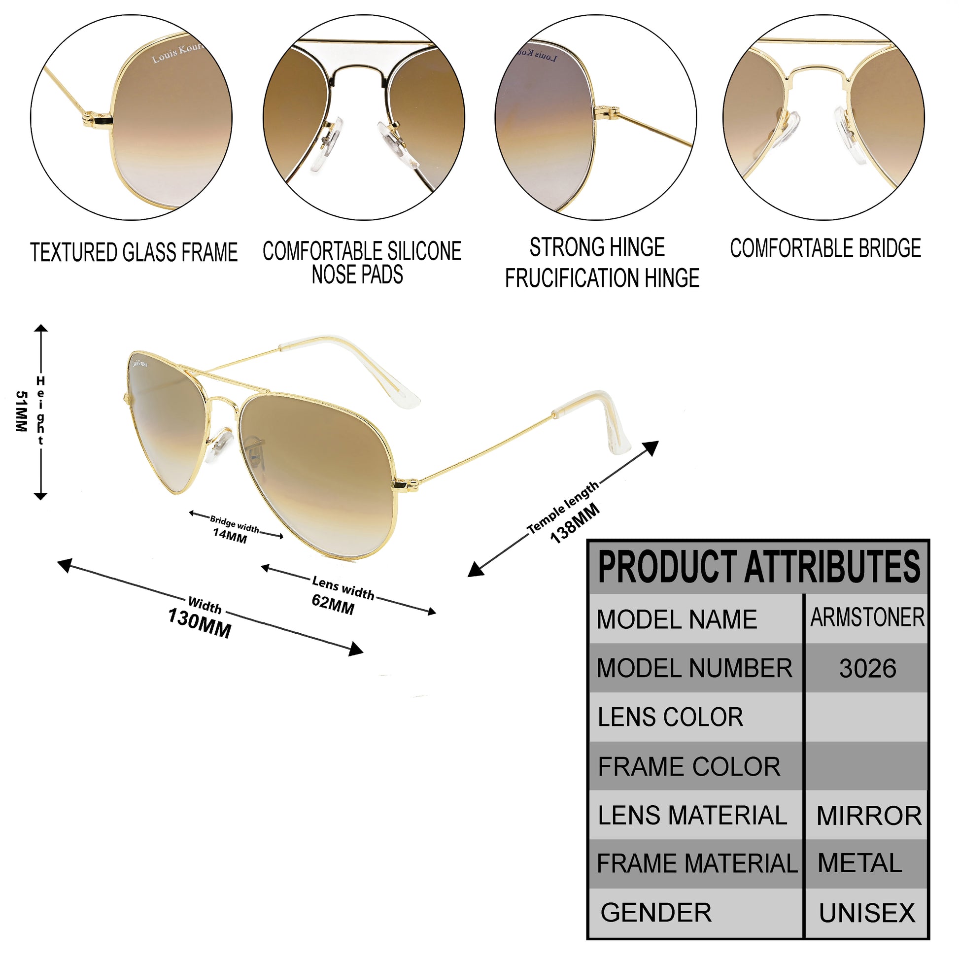 Brown Armstoner Aviator Premium Sunglasses (SUN-LK-3026-BRN2GLD-M)