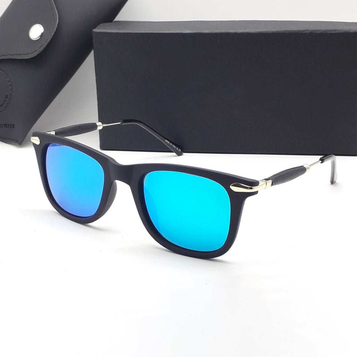 Aqua Blue Enigte Square Sunglasses (SUN-RN-2148-AQB3GLD-M) SWASTIK CREATIONS The Trend Point