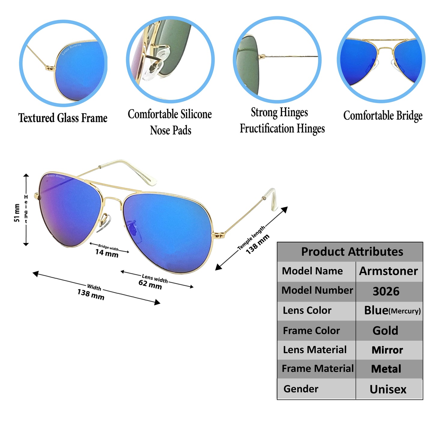 Blue Armstoner Aviator Sunglasses (SUN-LK-3026-BLU3GLD-M) - SWASTIK CREATIONS The Trend Point SWASTIK CREATIONS The Trend Point