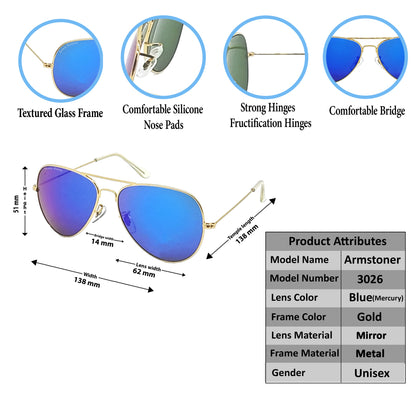 Blue Armstoner Aviator Sunglasses (SUN-LK-3026-BLU3GLD-M) - SWASTIK CREATIONS The Trend Point