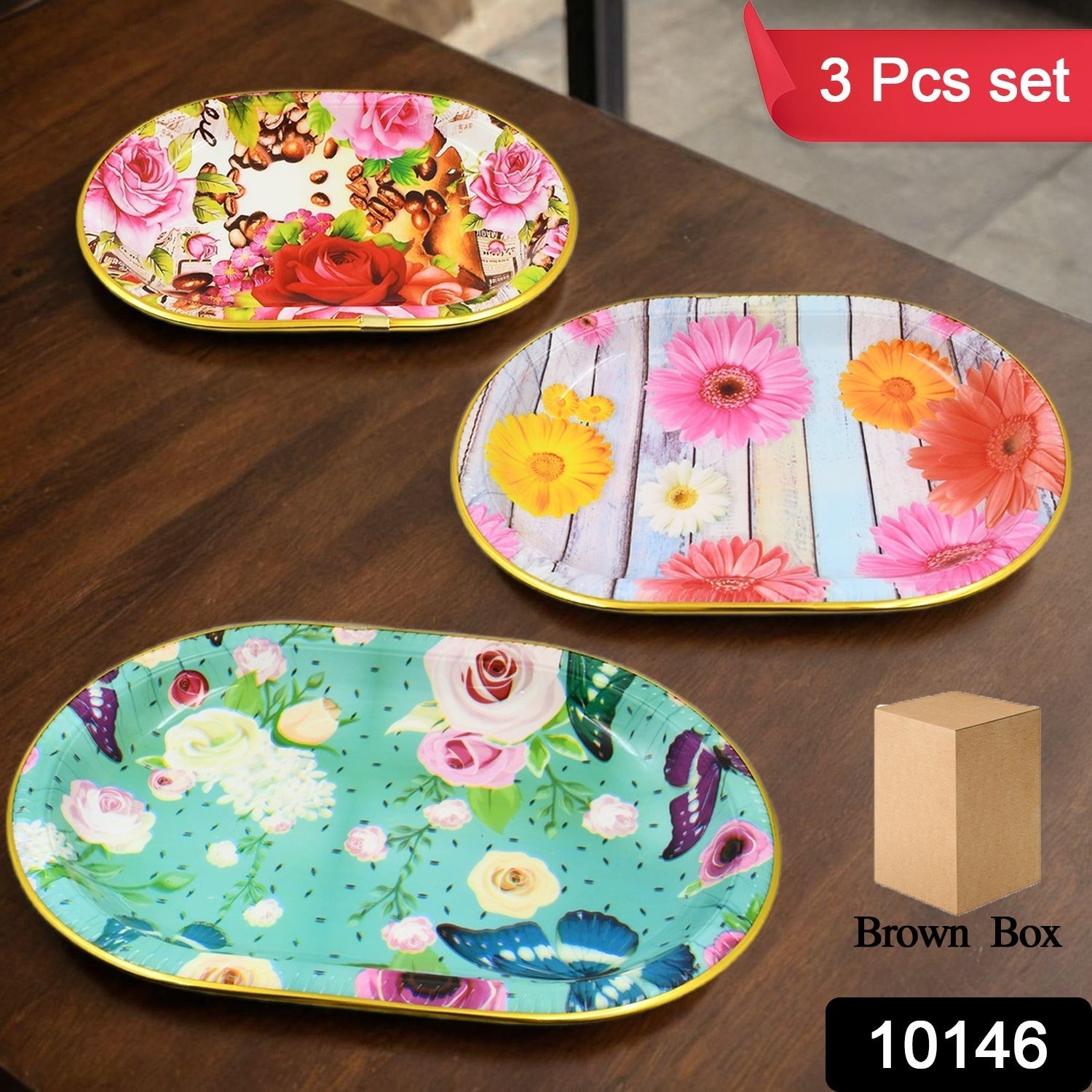 Plastic Flower Printed Design Serving Tray (3 Pcs Set / Mix Color)