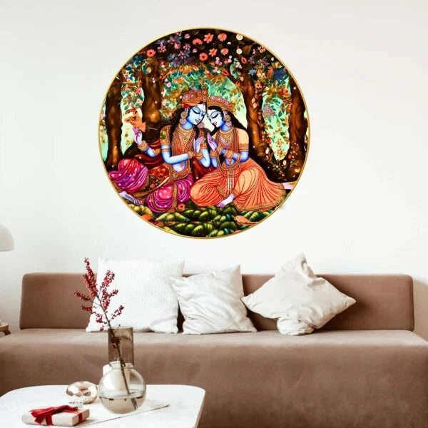 CH-RKR11 Swing of Divine Love: Radha and Krishna Wall Painting with Sparkle Glossy Round Golden Framed Large Painting Office, Living Room, Bedroom, Home Decoration SWASTIK CREATIONS The Trend Point