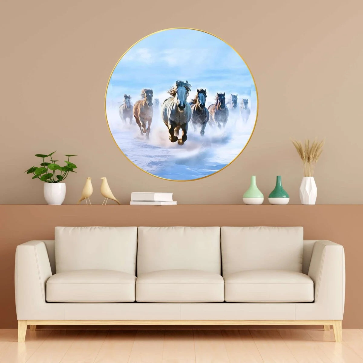 CH-RHS3 Seven Running Horses with Cool Sky Wall Painting with Frame Sparkle Glossy Round Golden Framed Large Painting Office, Living Room, Bedroom, Home Decoration SWASTIK CREATIONS The Trend Point