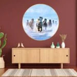 CH-RHS3 Seven Running Horses with Cool Sky Wall Painting with Frame Sparkle Glossy Round Golden Framed Large Painting Office, Living Room, Bedroom, Home Decoration SWASTIK CREATIONS The Trend Point