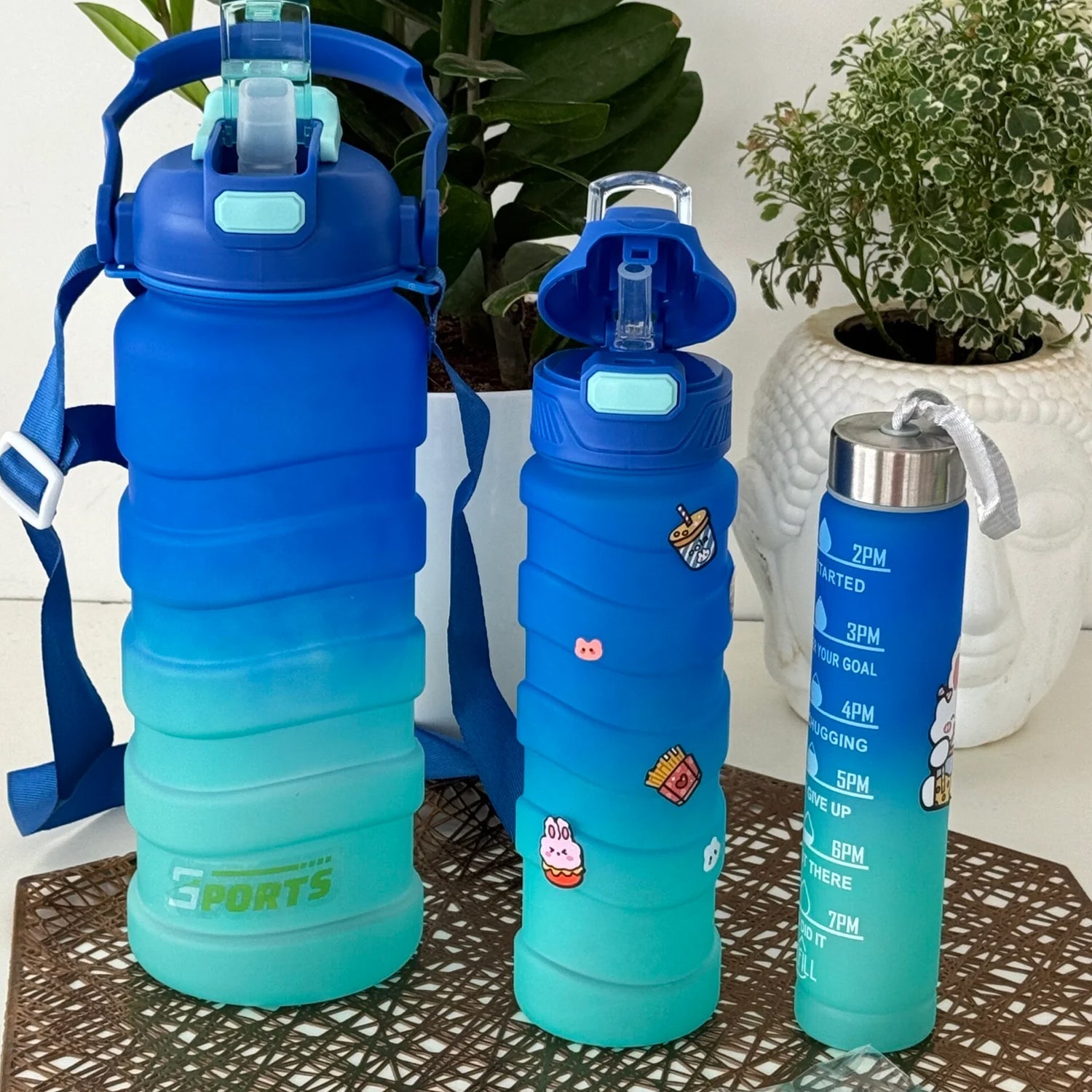 Plastic Water Bottle, 3 Different Size Bottle (3 Pc Set / With Straw & Sticker)