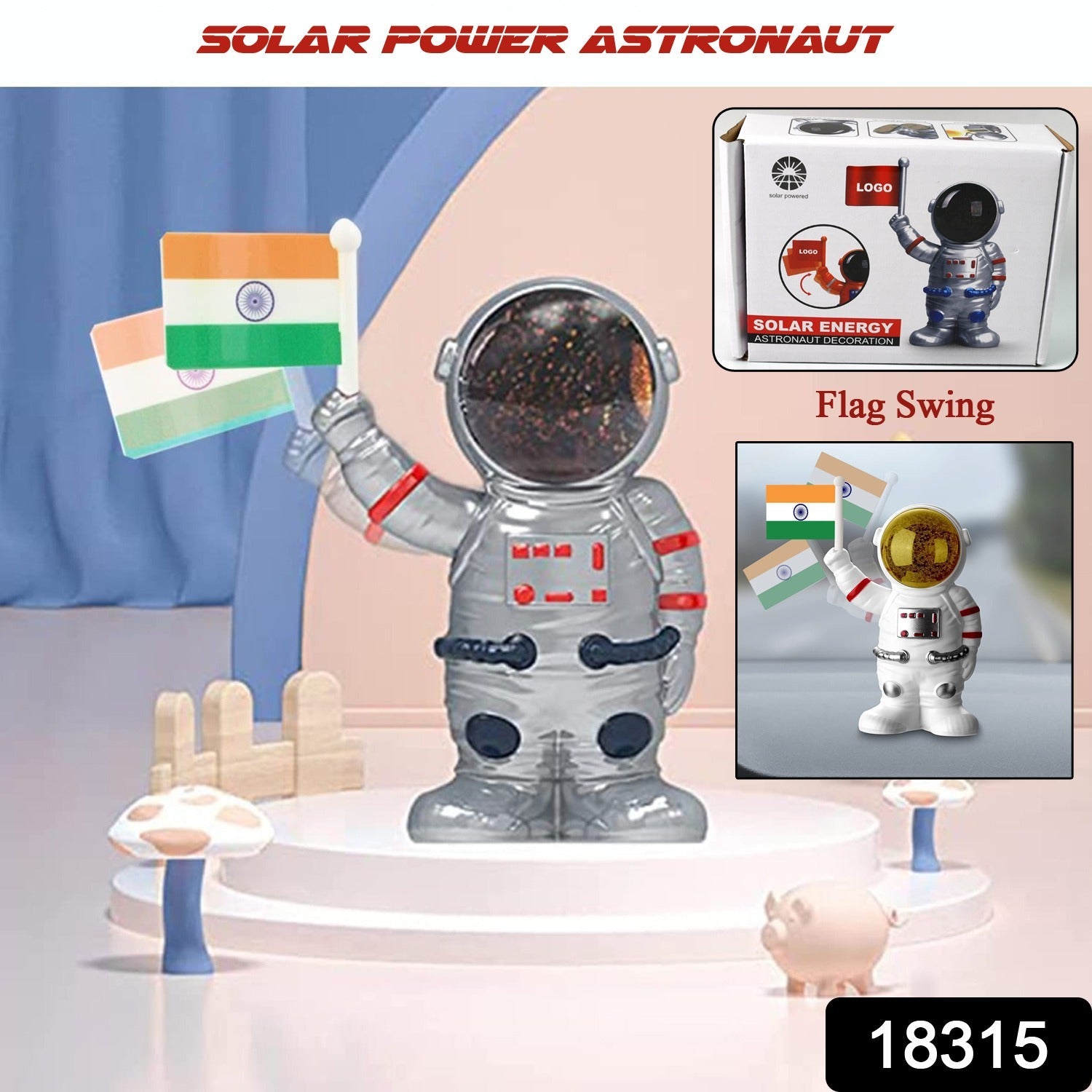 Solar Power Astronaut Ornament Moving Hand with Indian Flag (1 Pc)