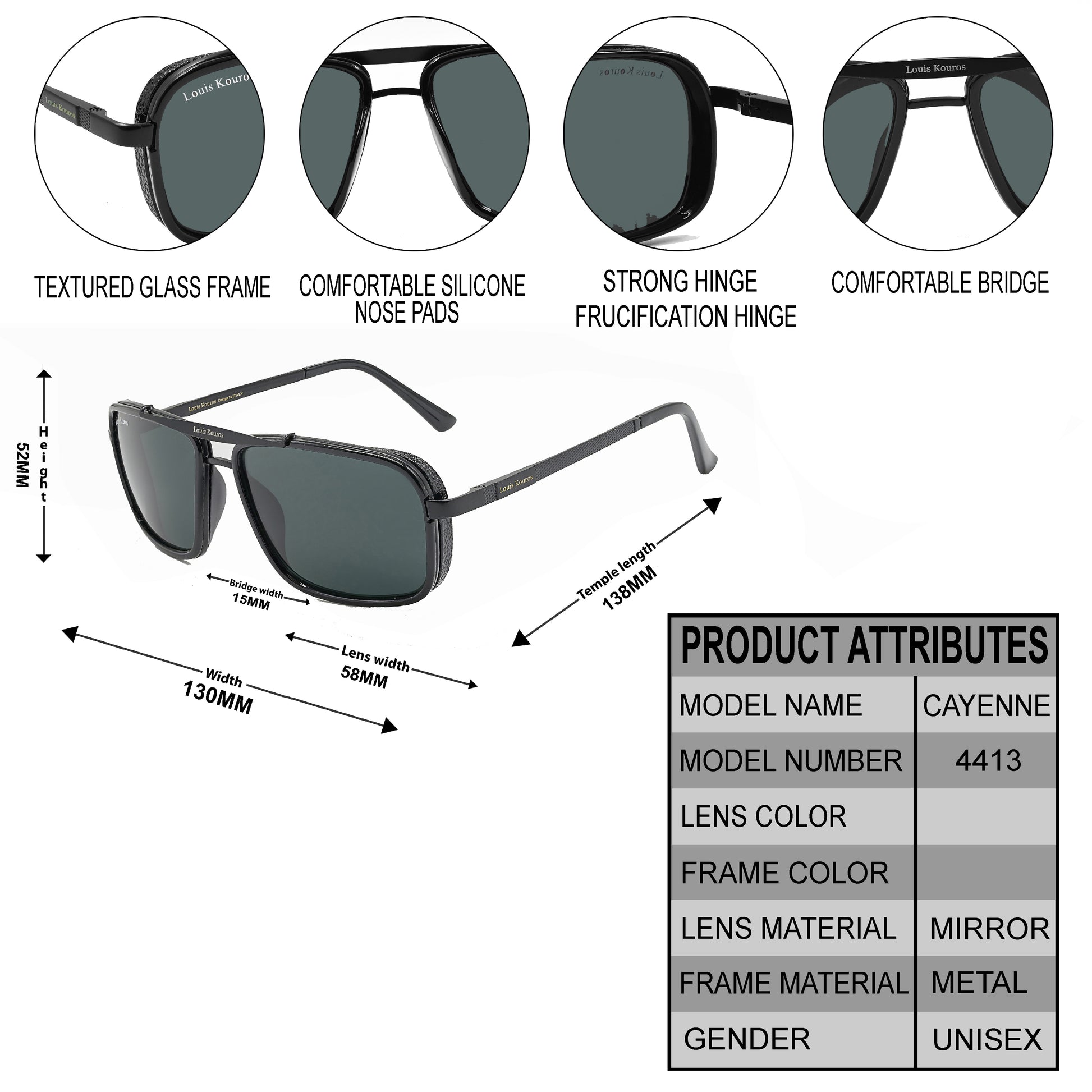 Black Cayenne Square Sunglasses (SUN-LK-4413-BLK1BLK-M)