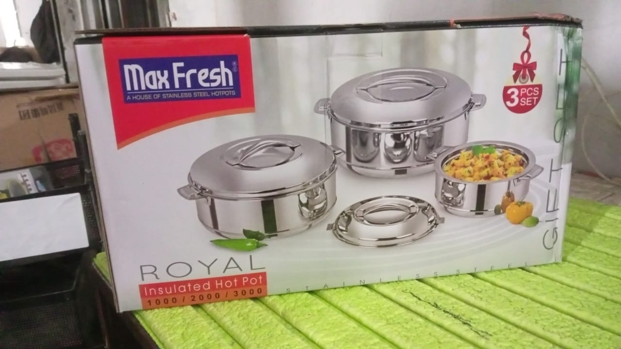 Royal Unique Hot Pot Stainless Steel Insulated Serving Casserole with Lid & Handle (3 pcs Set) SWASTIK CREATIONS The Trend Point