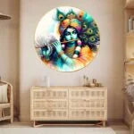 CH-RKR18 Krishna's Enchanting Flute and the Peacock Feather Painting with Frame Sparkle Glossy Round Golden Framed Large Painting Office, Living Room, Bedroom, Home Decoration SWASTIK CREATIONS The Trend Point