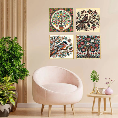 CH-GD4-7 Set of Four Wall Paintings for Wall Decoration Golden Framed Wall Paintings for Living Room & Bedroom Wall Art for Home Decoration & Office Wall Décor