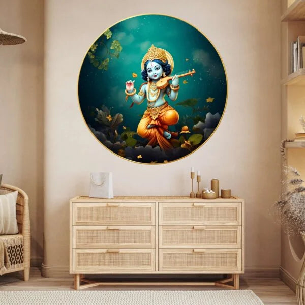 CH-RKR10 Krishna Wall Painting with Frame Sparkle Glossy Round Golden Framed Large Painting Office, Living Room, Bedroom, Home Decoration SWASTIK CREATIONS The Trend Point