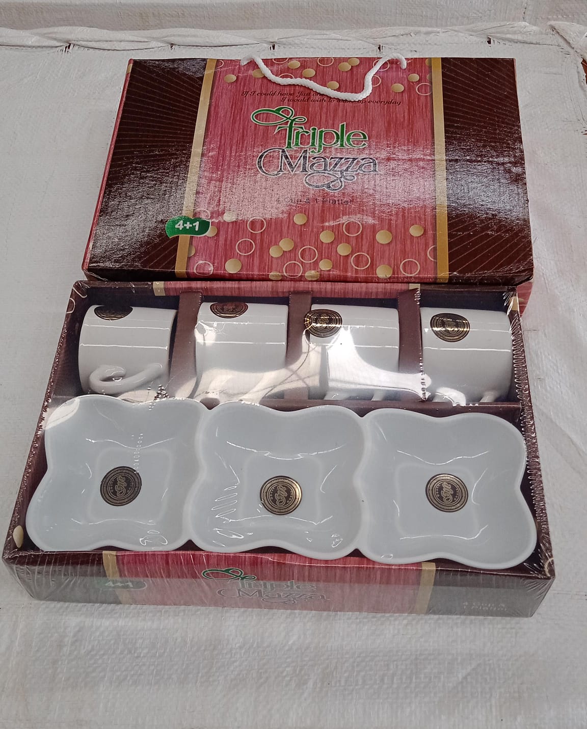 Triple Mazza Ceramic Tea / Cups Set Including 3 Compartment Plastic Serving Platter (4 Pcs Set) SWASTIK CREATIONS The Trend Point