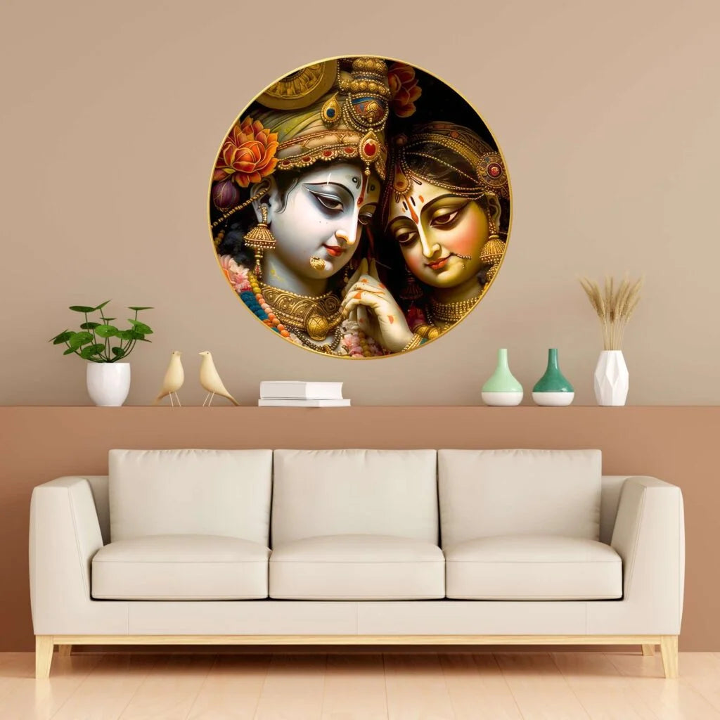 CH-RKR3 Radha Krishna Wall Painting with Frame Sparkle Glossy Round Golden Framed Large Painting Office, Living Room, Bedroom, Home Decoration SWASTIK CREATIONS The Trend Point