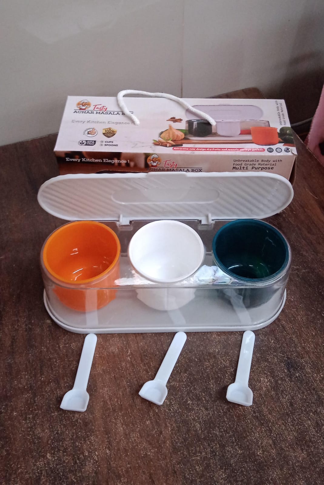 Home Kitchen 3 Grid Seasoning Spice / Masala Box Kit with Spoon (Multicolor / 1 Set) SWASTIK CREATIONS The Trend Point