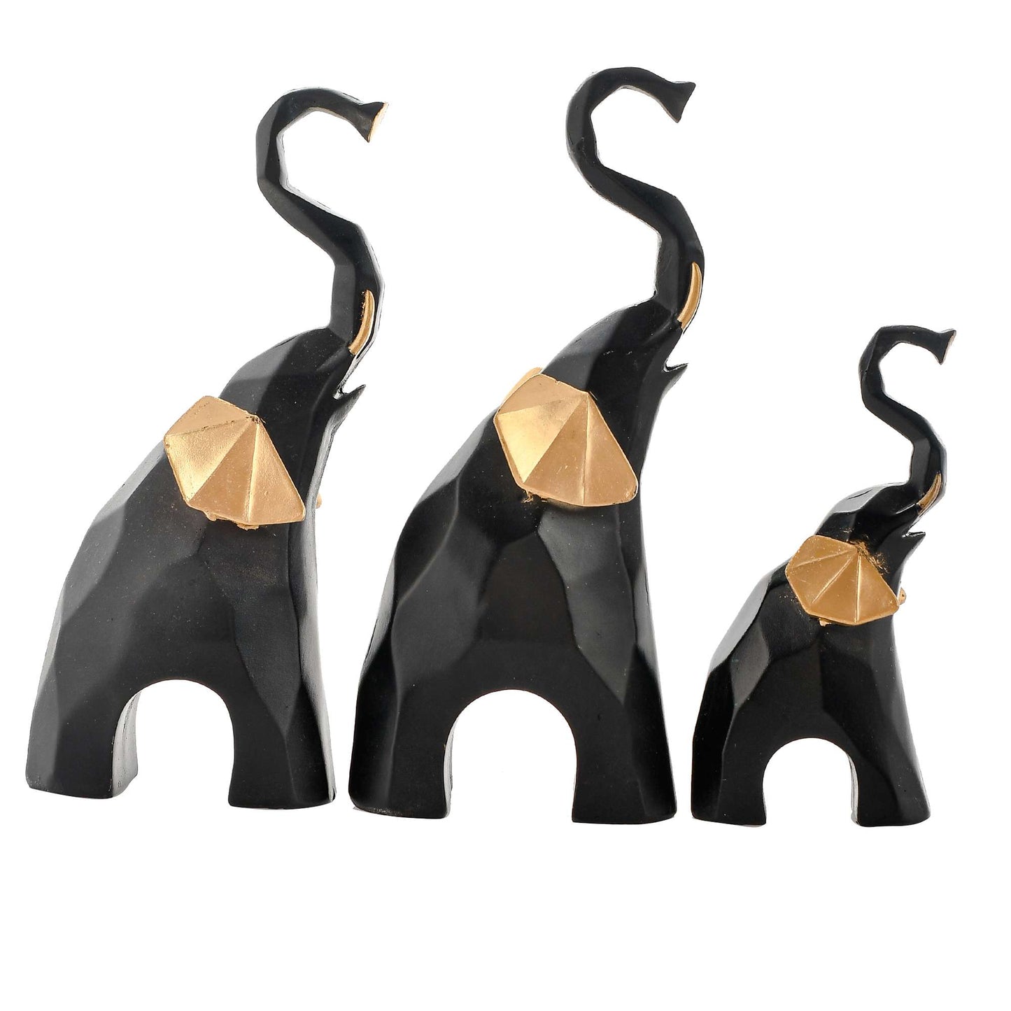 Swastik Trend Point Golden-Eared Elephant Charm Set of 3 Black & Gold Poly Resin Statues in Varying Sizes, All Looking Up - Home Dcor SWASTIK CREATIONS The Trend Point