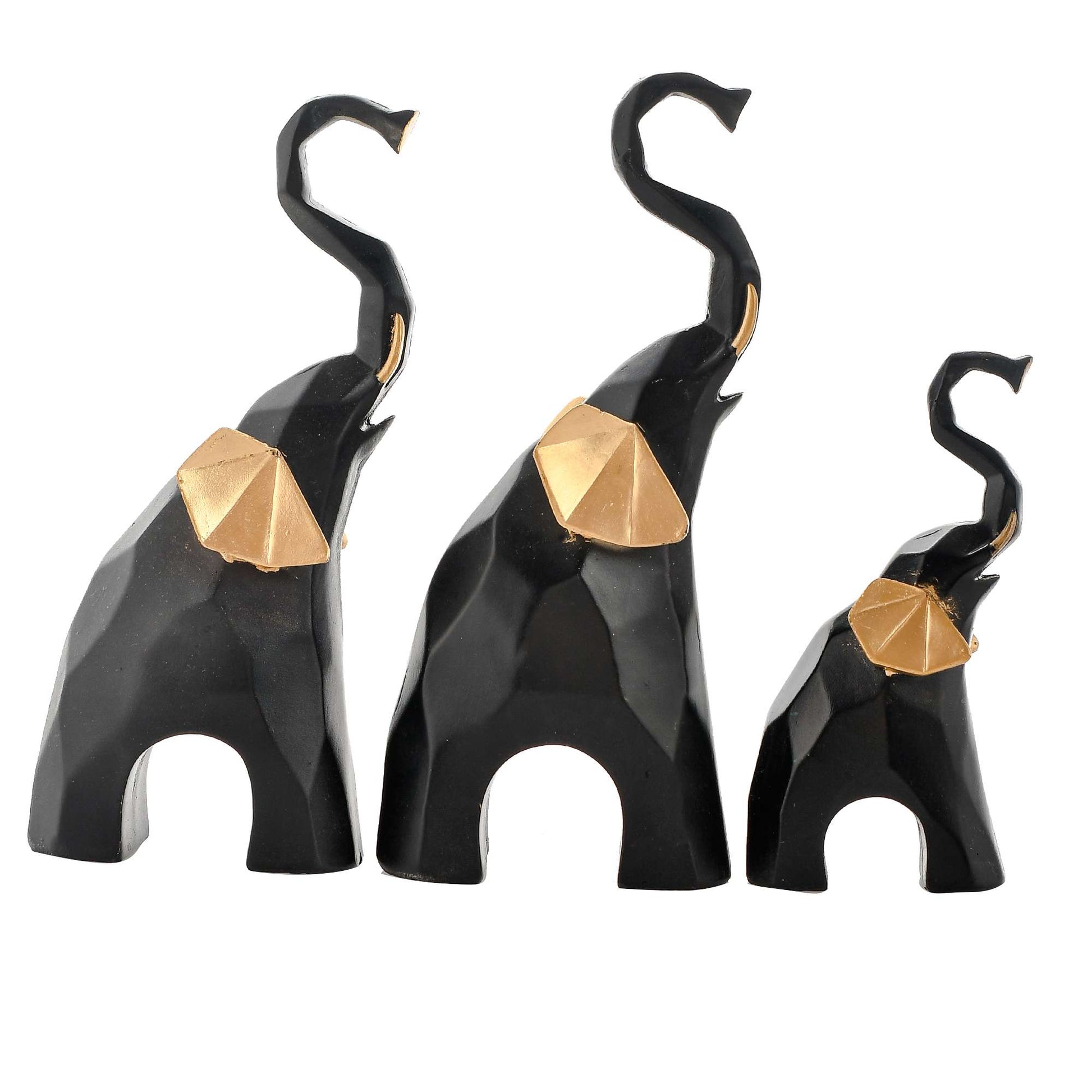 Swastik Trend Point Golden-Eared Elephant Charm Set of 3 Black & Gold Poly Resin Statues in Varying Sizes, All Looking Up - Home Dcor 40cm*10cm*50cm