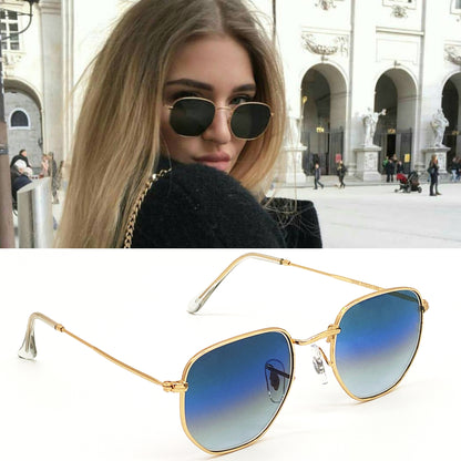 Blue Tarth Hexagonal Sunglasses (SUN-LK-3548-BLU2GLD-M)