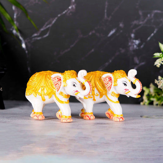 Swastik Creations Home Decor Elephant Statue Modern Style White and Golden Decoration Suitable for Living Room, Bedroom, Desk, Cabinet, Gifts(Set Of 2)