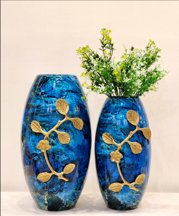 Floral Metal Crafted Blue Vases | Set of 2 SWASTIK CREATIONS The Trend Point