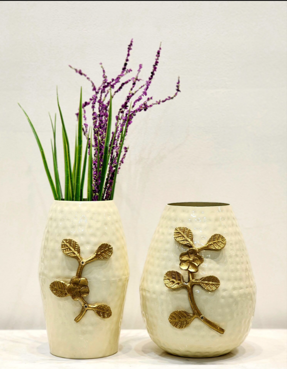 Off-White Textured Metal Vases | Set of 2 SWASTIK CREATIONS The Trend Point