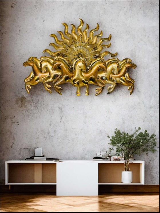 7 Horses Metal Wall Art With LED (Golden & Copper) SWASTIK CREATIONS The Trend Point