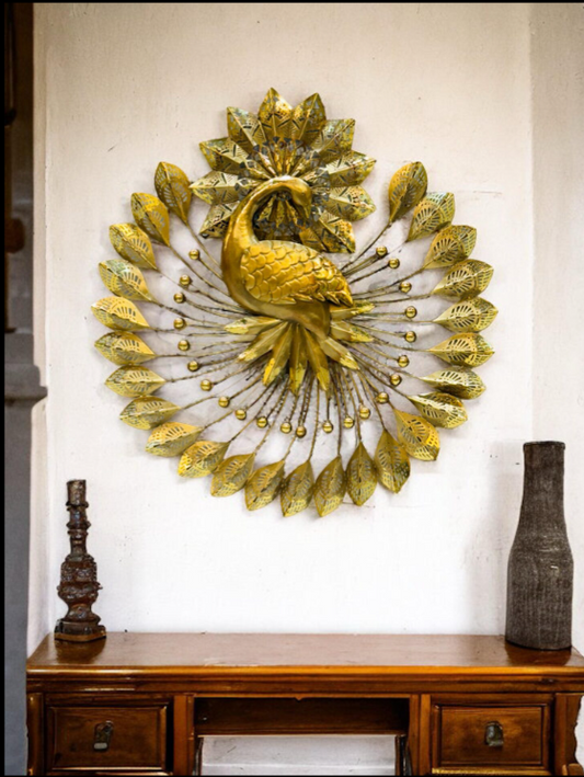 Golden Peacock Mandala Metal Wall Art