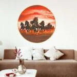 CH-RHS2 Crimson Charge: Seven Running Horses in Red Sky Wall Painting with Frame Sparkle Glossy Round Golden Framed Large Painting Office, Living Room, Bedroom, Home Decoration SWASTIK CREATIONS The Trend Point