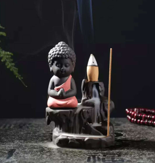 Swastik Trend Point Meditating Monk Buddha Smoke Backflow Cone Incense Holder Decorative Showpiece with 10 Free Smoke Backflow Scented Cone Incenses