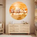 CH-RHS1 Golden Seven Running Horses Wall Painting with Sparkle Glossy Round Golden Framed Large Painting Office, Living Room, Bedroom, Home Decoration SWASTIK CREATIONS The Trend Point