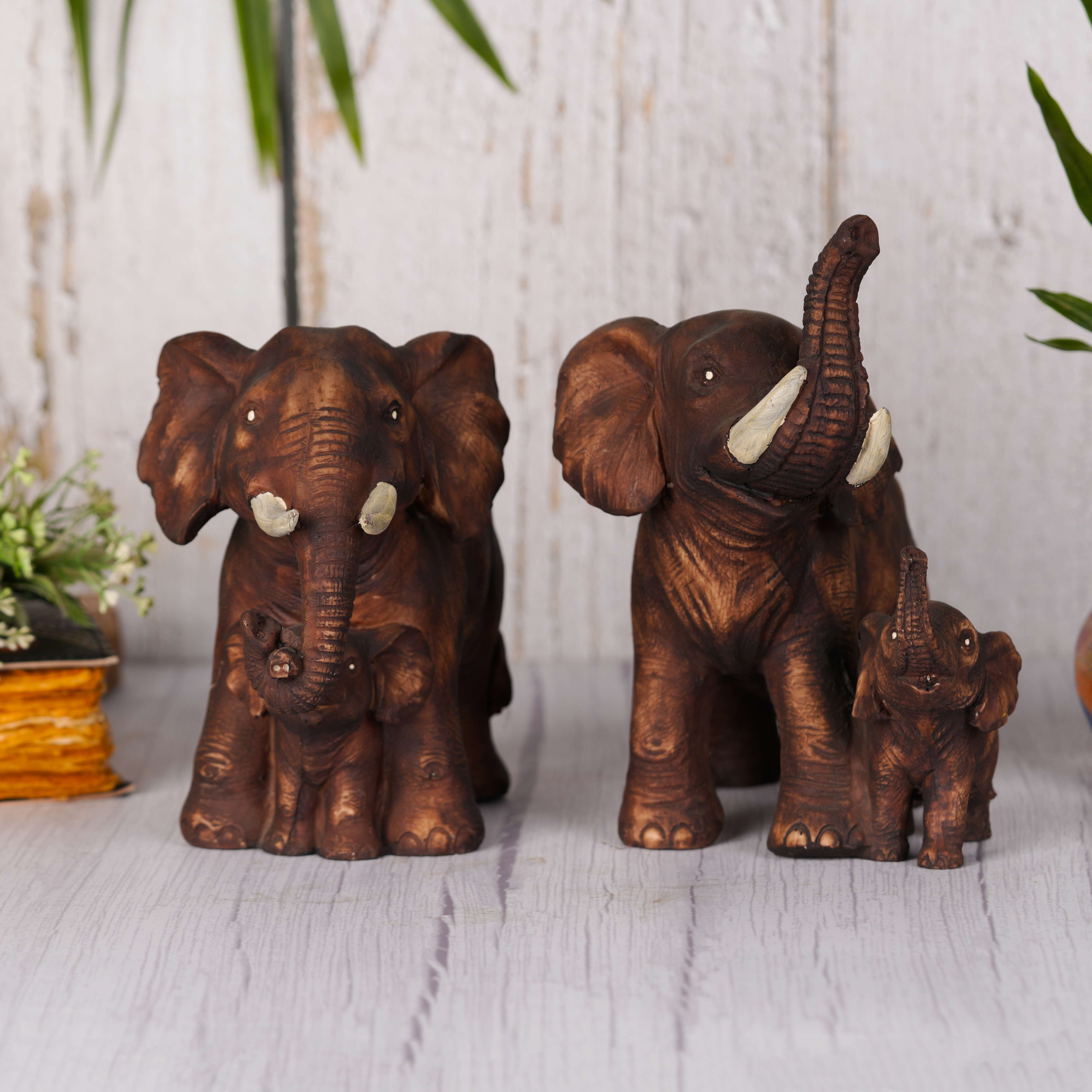 Swastik Creations Brown Poly Resin Mother & Baby Elephant 8 Inches - Set of 2 Showpiece Mother & Baby Elephant Figurine for Home Decor Living Room Office Home