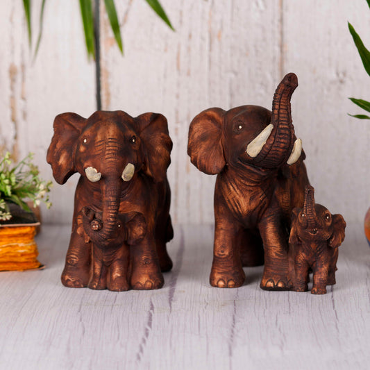 Swastik Creations Brown Poly Resin Mother & Baby Elephant 8 Inches - Set of 2 Showpiece Mother & Baby Elephant Figurine for Home Decor Living Room Office Home