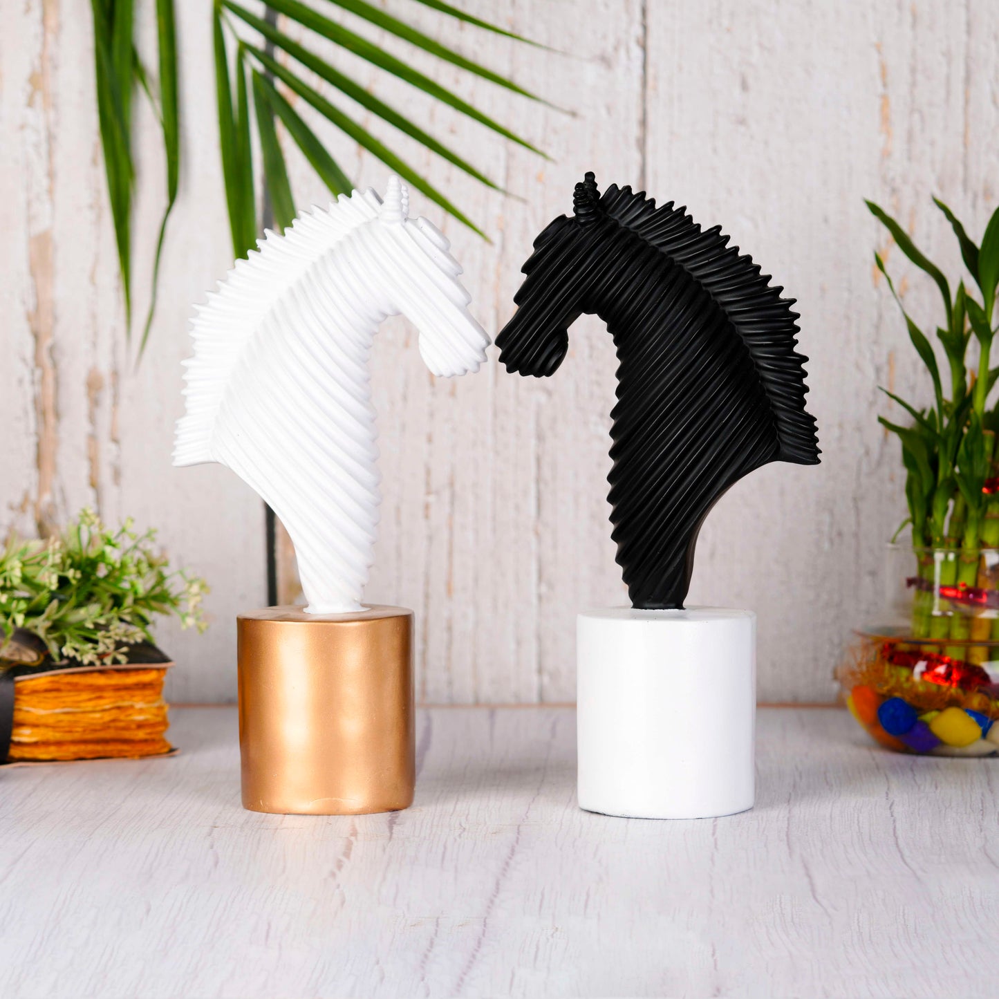 Swastik Creations Set of 2 Half Lining Horse Showpieces Elegant Black and White Decorative Figurines for Home Decor SWASTIK CREATIONS The Trend Point