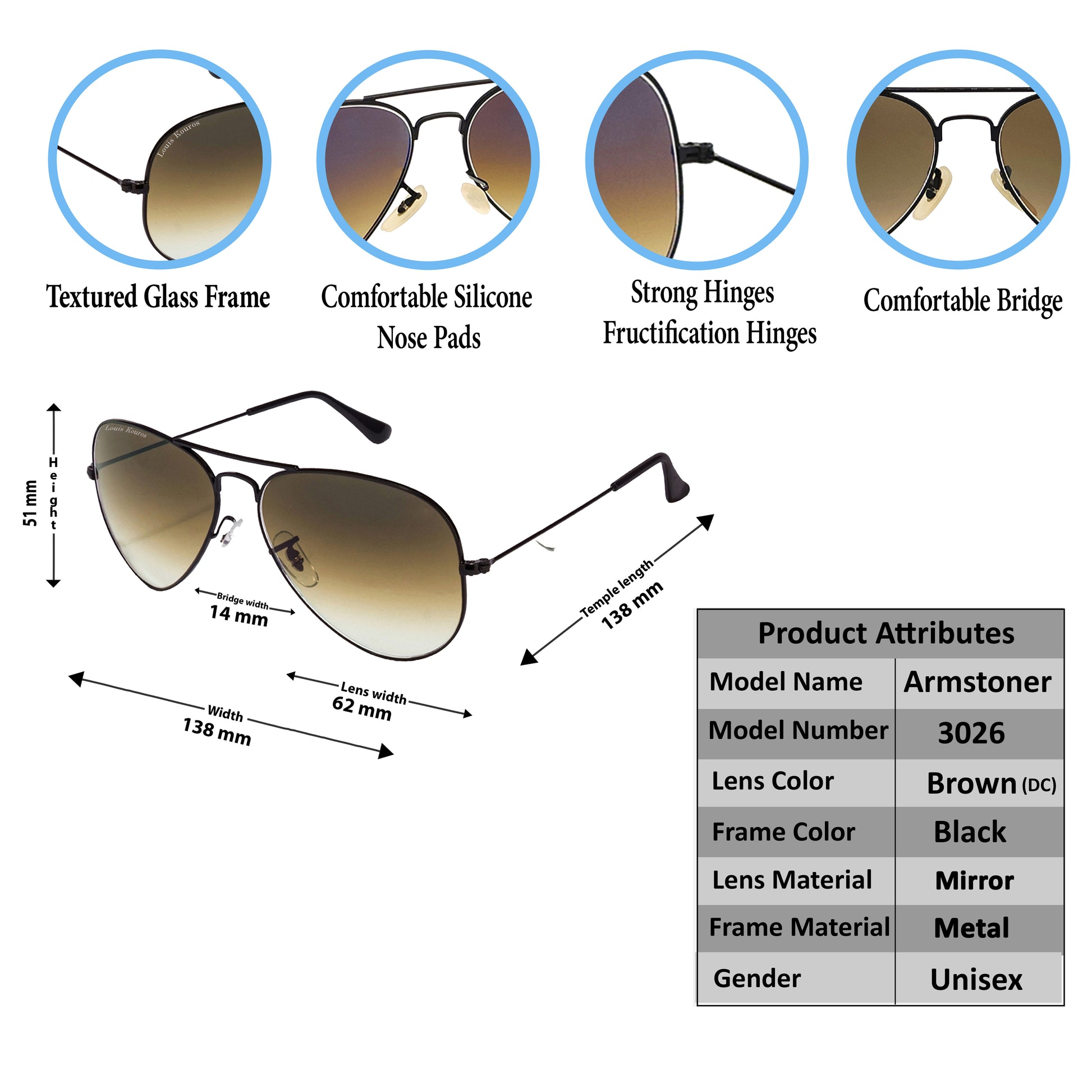 Brown Armstoner Aviator Sunglasses (SUN-LK-3026-BRN2BLK-M)