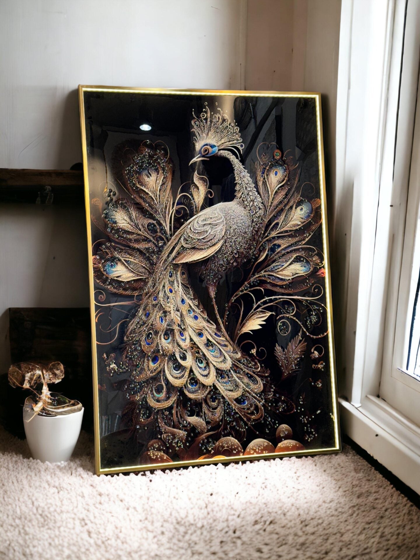 LED-Enhanced Peacock Crystal Painting