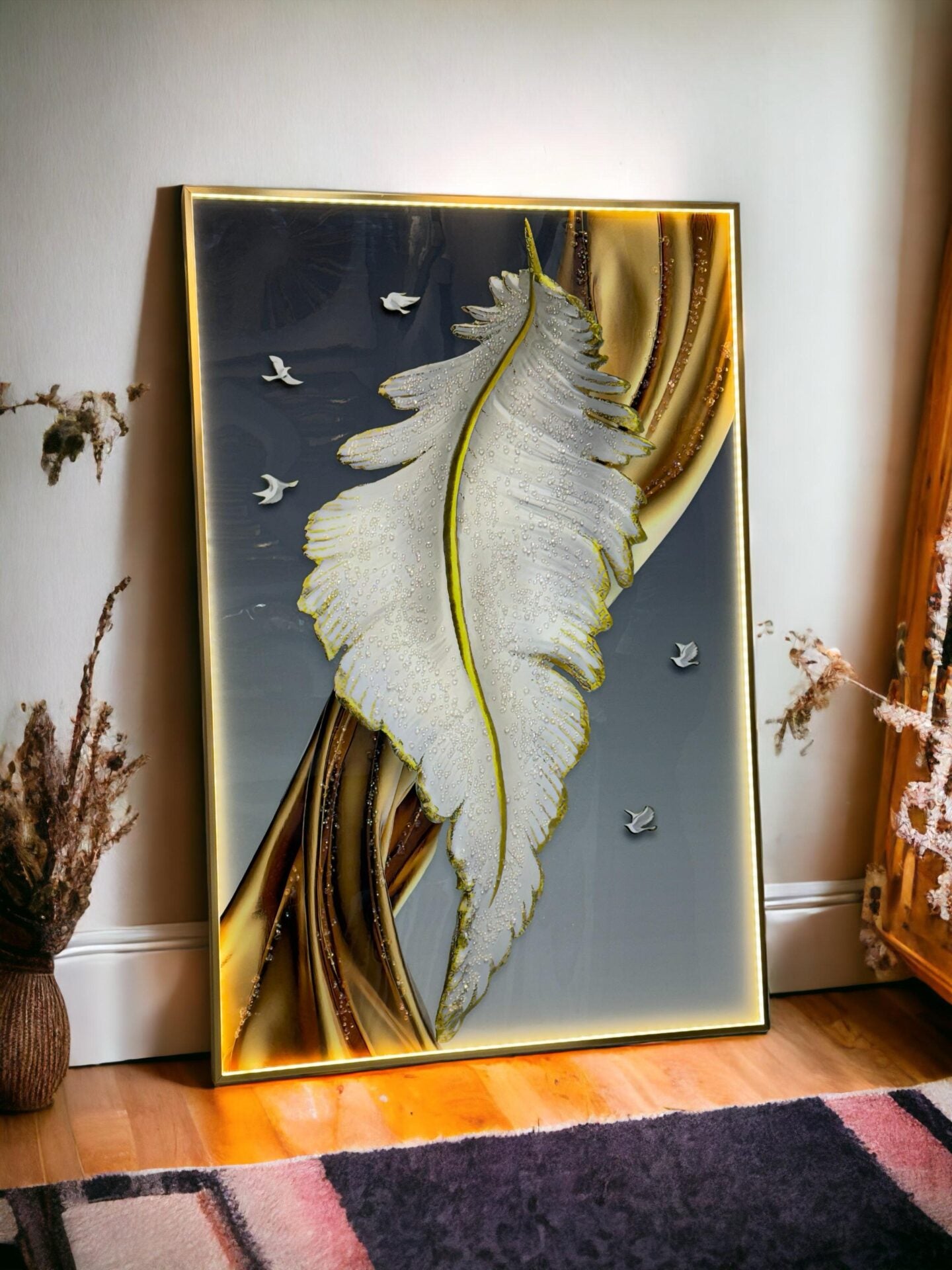 White Feather Crystal Painting with LED SWASTIK CREATIONS The Trend Point