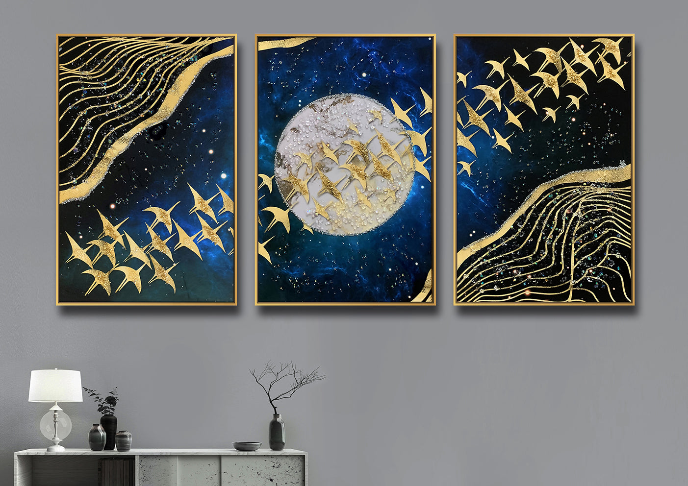 Golden Flying Birds Crystal Painting | Set of 3