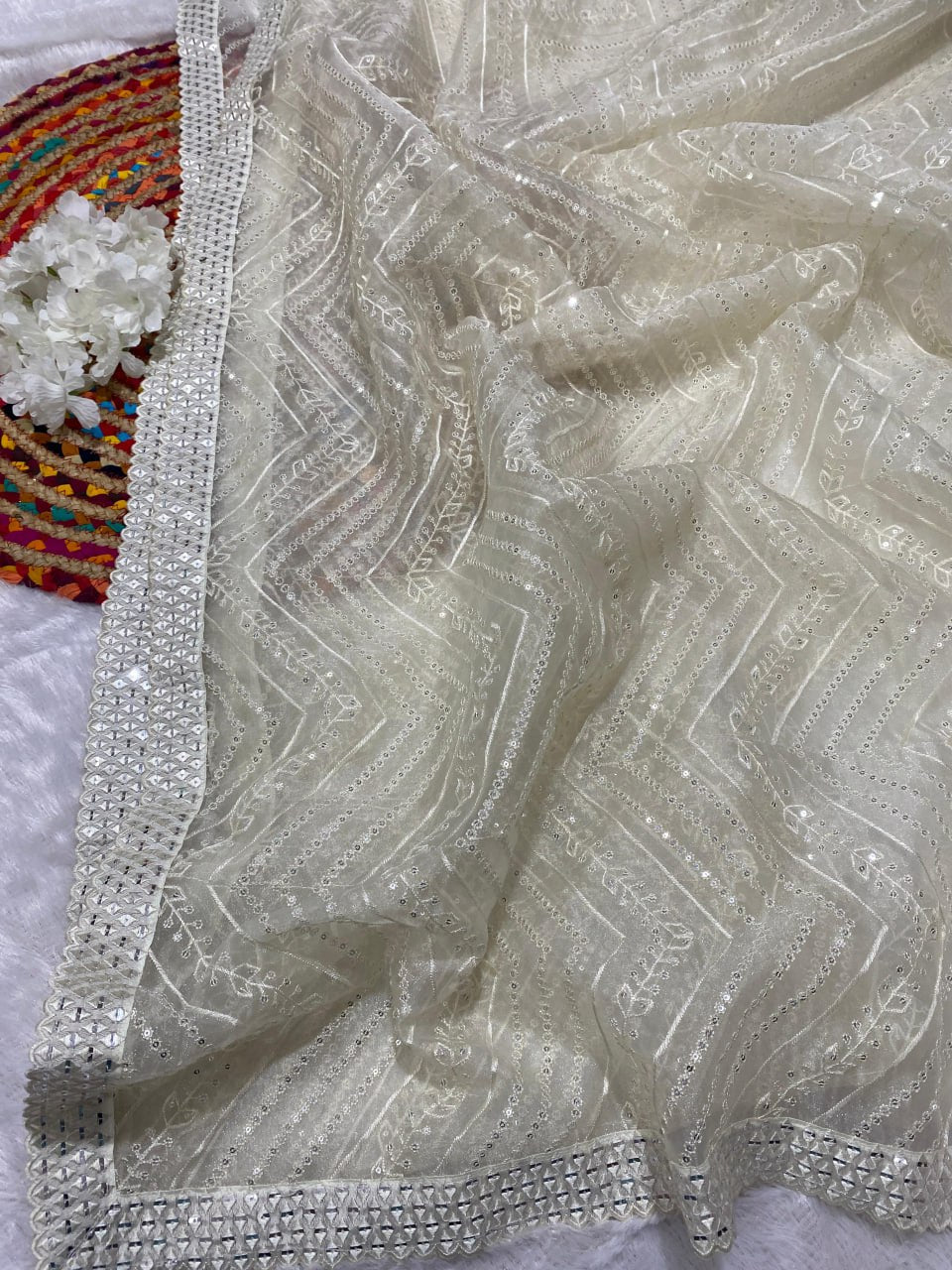 Soft organza silk saree with Lucknowi Chikankari Work (RIN164 RRS85) SWASTIK CREATIONS The Trend Point