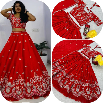 Pure Chinon Heavy Embroidered Sequence Work Fully Stitched Lehenga (KESH120 189)