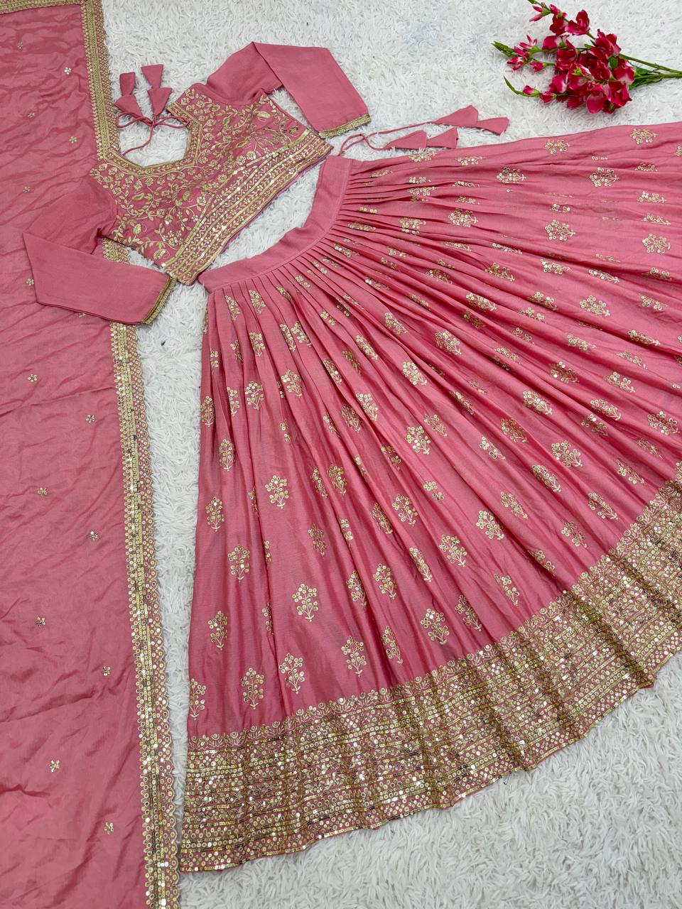 Heavy Chinon Silk Embroidered Sequence Work Lehenga (KESH125 3098)