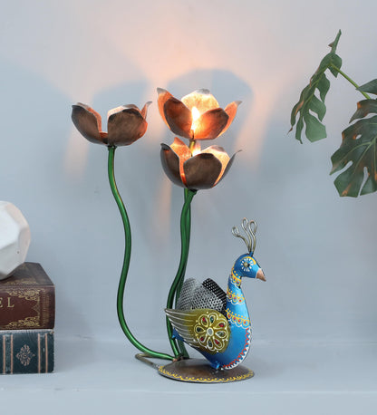 Decorative Flower Peacock Multicolour Metal Table Tea Light Holder