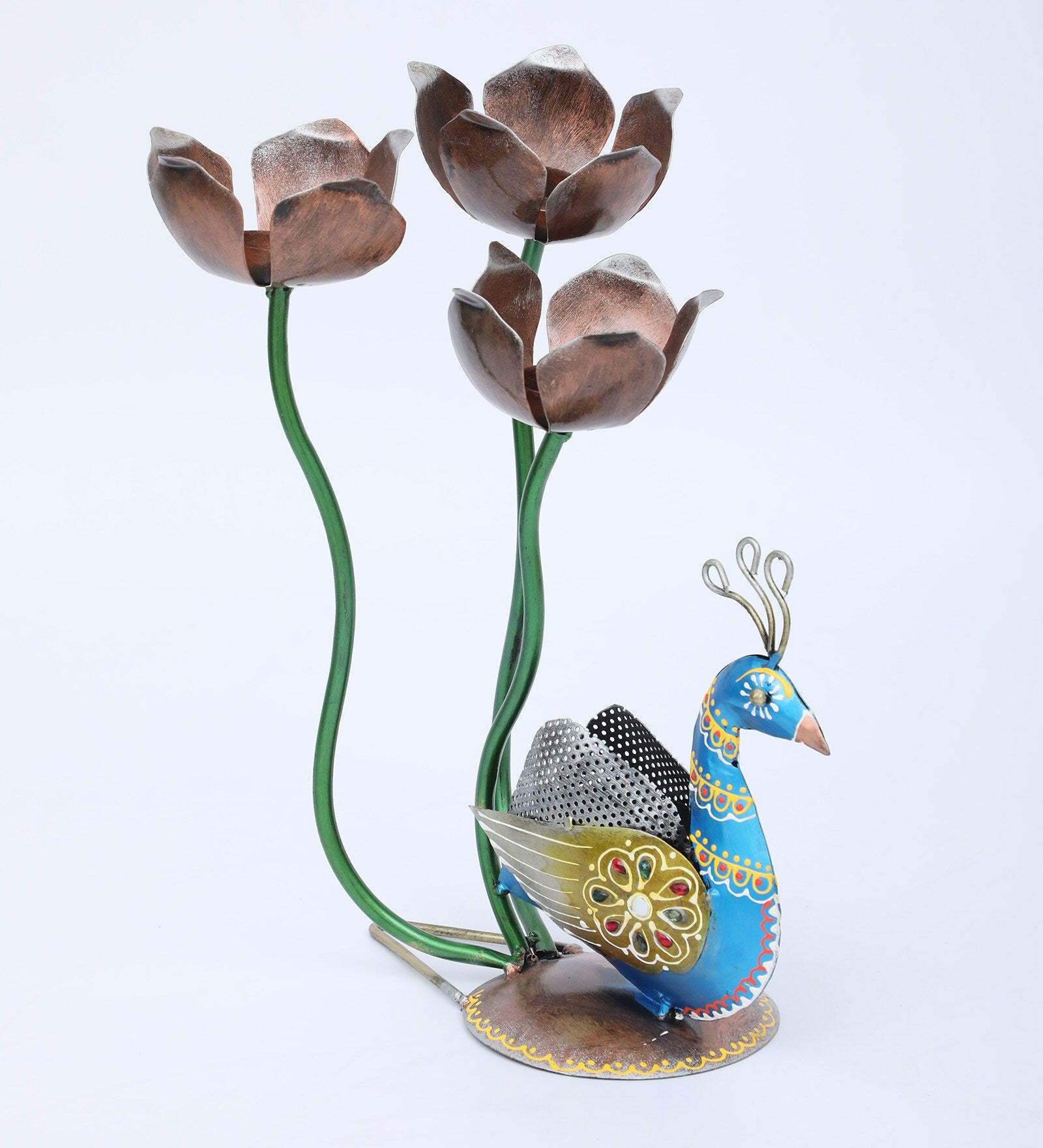 Decorative Flower Peacock Multicolour Metal Table Tea Light Holder